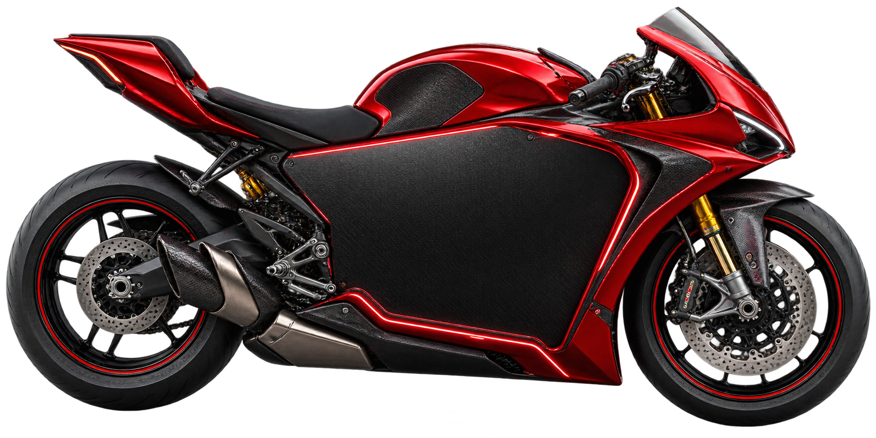 Moto deportiva roja y negra con una tarjeta integrada en el carenado